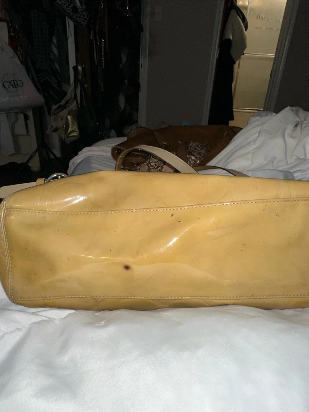 Coach Patent Signature Tote in Mustard crossbody adj strap silver accents good c